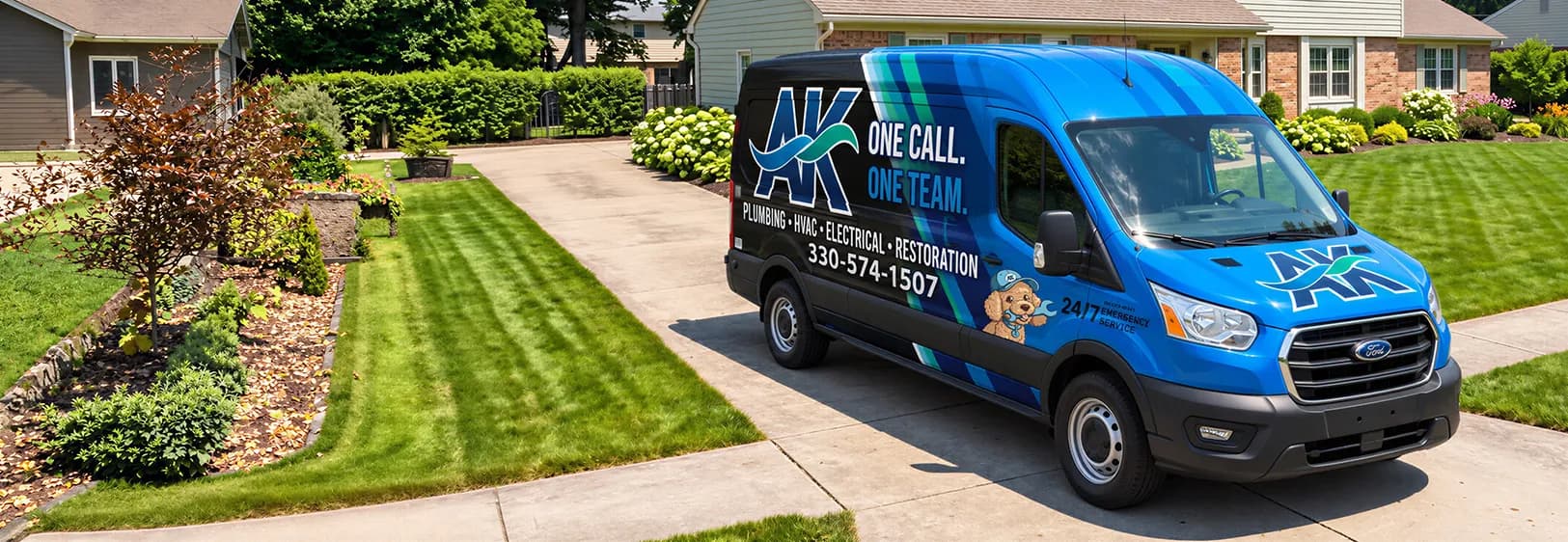 AK plumbing, HVAC, electrical, and restoration service van parked in a Northeast Ohio driveway
